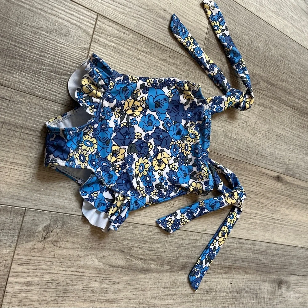 Floral Blue and Yellow Kids One-Piece Swimsuit Blue Floral Tie Strap Skirt 9-12M